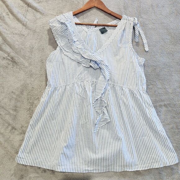 Left of Center Tops - Left Of Center White Striped Ruffle Sleeveless Blouse Size Large Beach Coastal